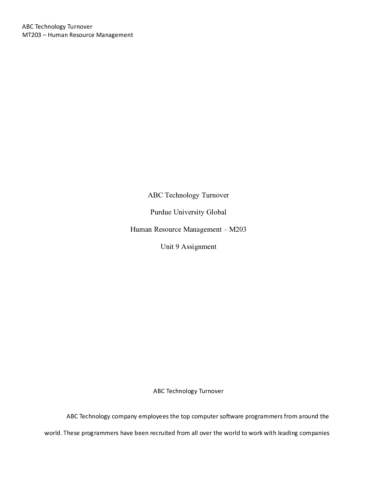 Preview image for M230 HRMUnit 9 Assignment.docx    ABC Technology Turnover  Purdue University Global  Human